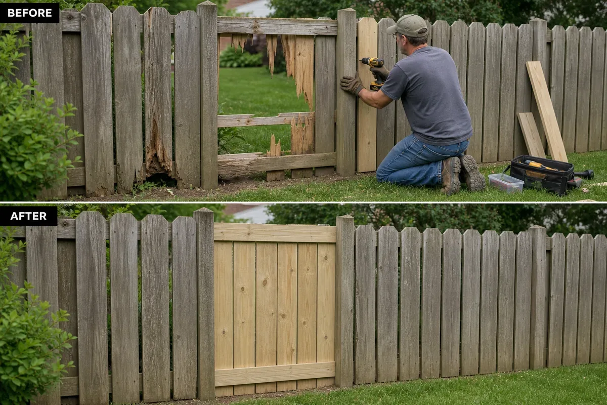 Damaged garden fence being repaired in Bolton